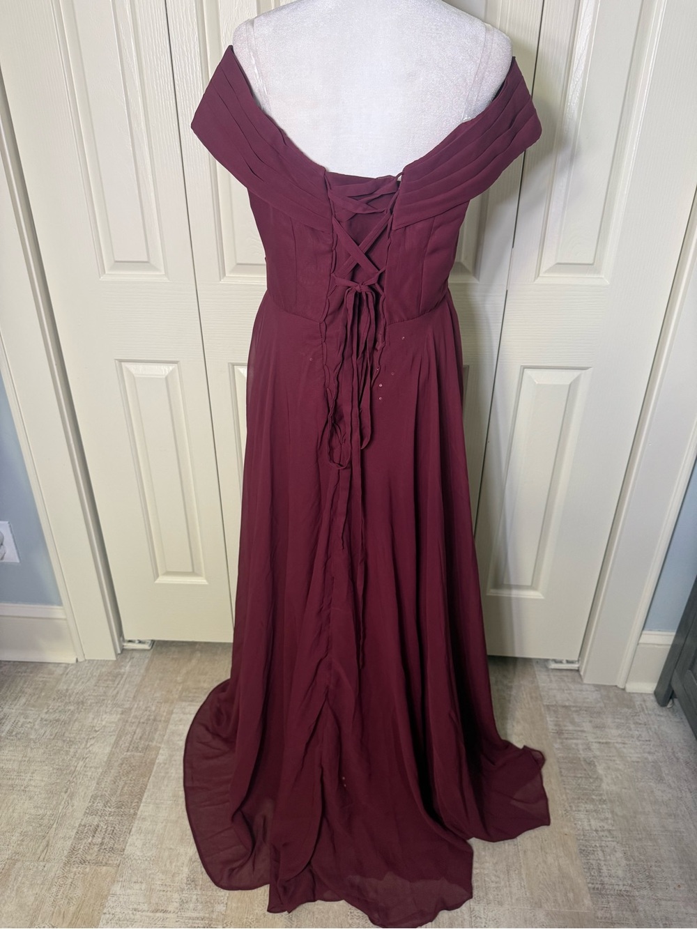 Off-the-Shoulder Burgundy Evening Gown - Picture 3 of 3